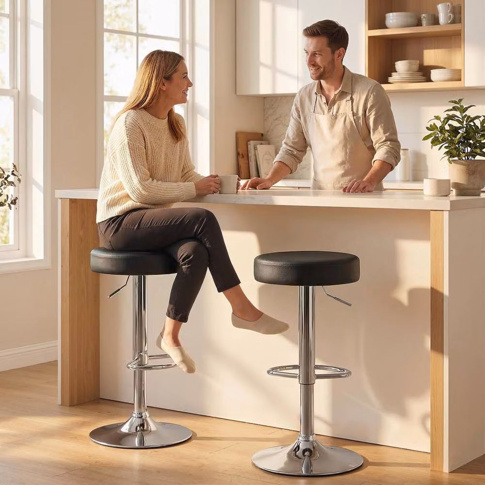 STILVORA Set of 2 Black Synthetic Leather Bar Stools with Adjustable Height and Swivel Metal Frame – 2