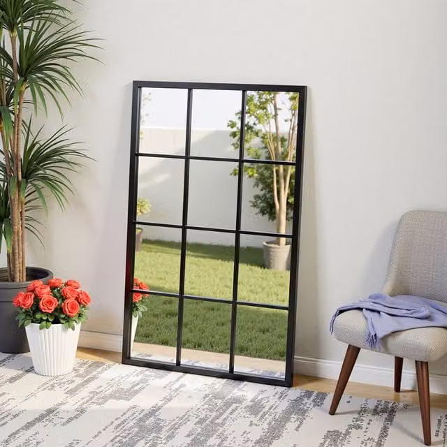 Kidkid Industrial Rectangular Metal Window Frame Wall Accent Mirror in Black