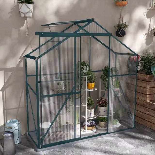 Outsunny Green Polycarbonate Walk-In Greenhouse with Sliding Door