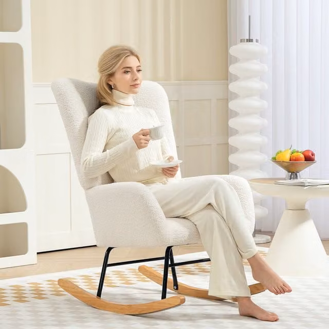 HOMCOM Teddy Bouclé Upholstered Rocking Accent Chair with Rubberwood Base in Cream