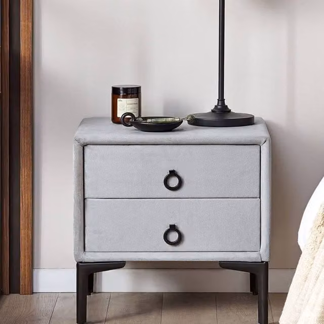 Wyld and Coco Grey Velvet Bedside Table with 2 Drawers and Black Metal Legs W: 44 cm, D: 38 cm, H: 45 cm