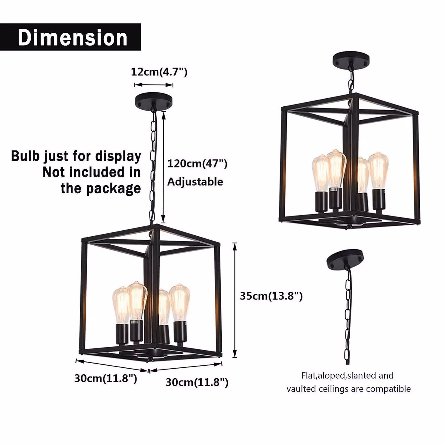 Garwarm Black 4-Light Industrial Vintage Lantern Pendant Light with Transparent Glass and Height Adjustable Metal Suspension – 6