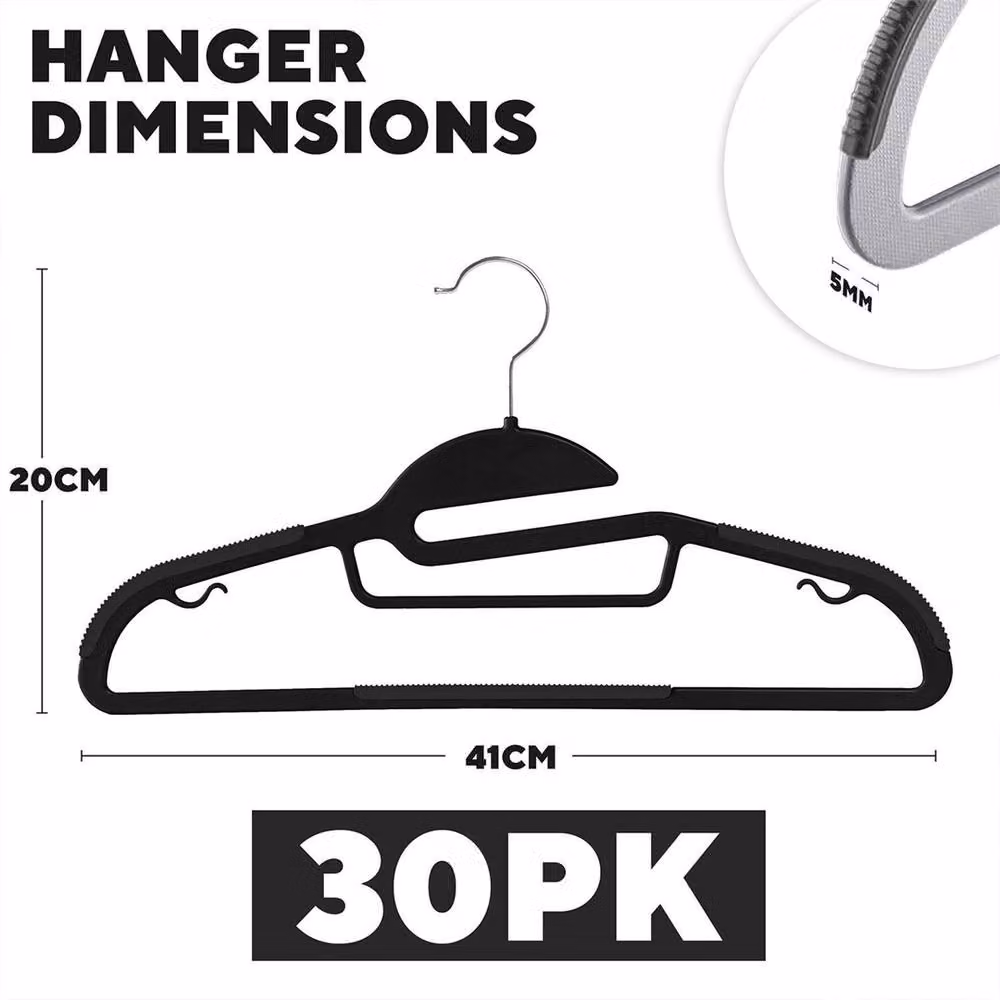 NESTLUNE Black Non-Slip Space-Saving Plastic Coat Hangers for Adults, Pack of 30, W: 100 cm, D: 15 cm, H: 20 cm – 2