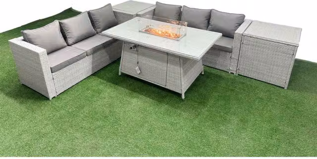 Fimous PE Rattan Lounge Sofa Set with Firepit Dining Table and 2 Side Tables in Light Grey