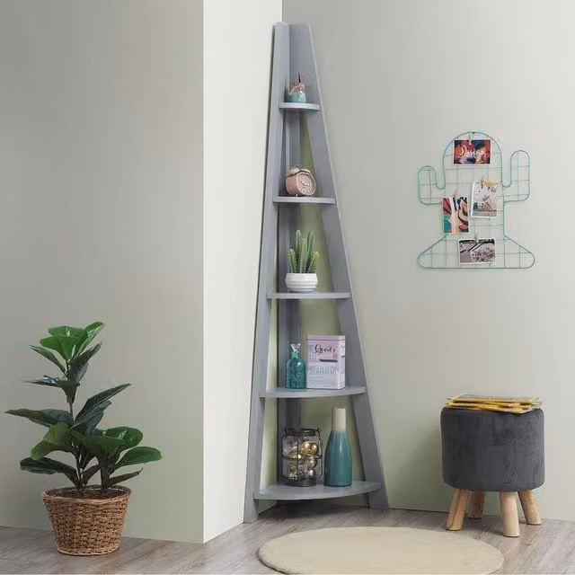 Timber Art Design Riva Scandinavian Retro 5 Tier Corner Ladder Bookcase in Light Grey – 1
