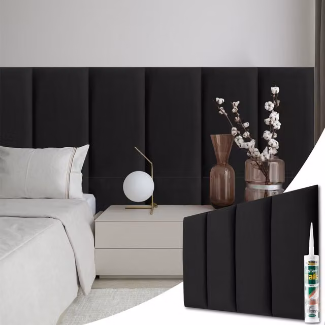 Novecrafto Set of 6 Soft Velvet Upholstered Wall Panels with Adhesive, Black, W: 60 cm, H: 30 cm