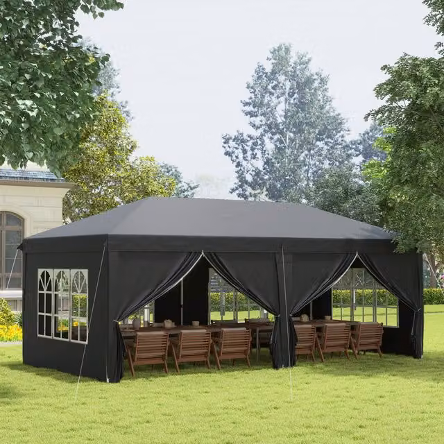 OUTSUNNY Black Pop Up Hip Roof Gazebo with Sides and Windows, W: 600 cm, D: 300 cm, H: 270 cm