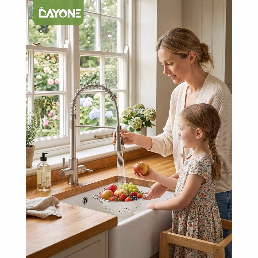 Dayone Brushed Nickel Kitchen Mixer Tap with Dual Lever and 3-Function Sprayer in Silver – 2