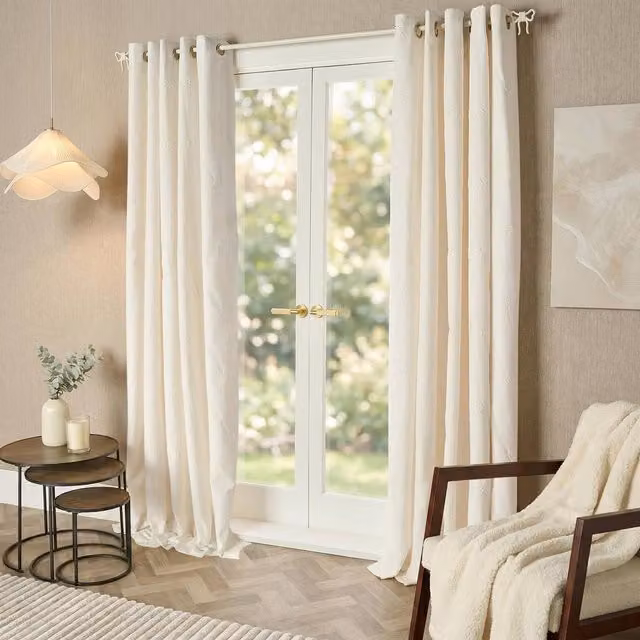 OHS Pair of Embossed Bow Eyelet Curtains in Ivory, Width: 168 cm, Drop: 229 cm