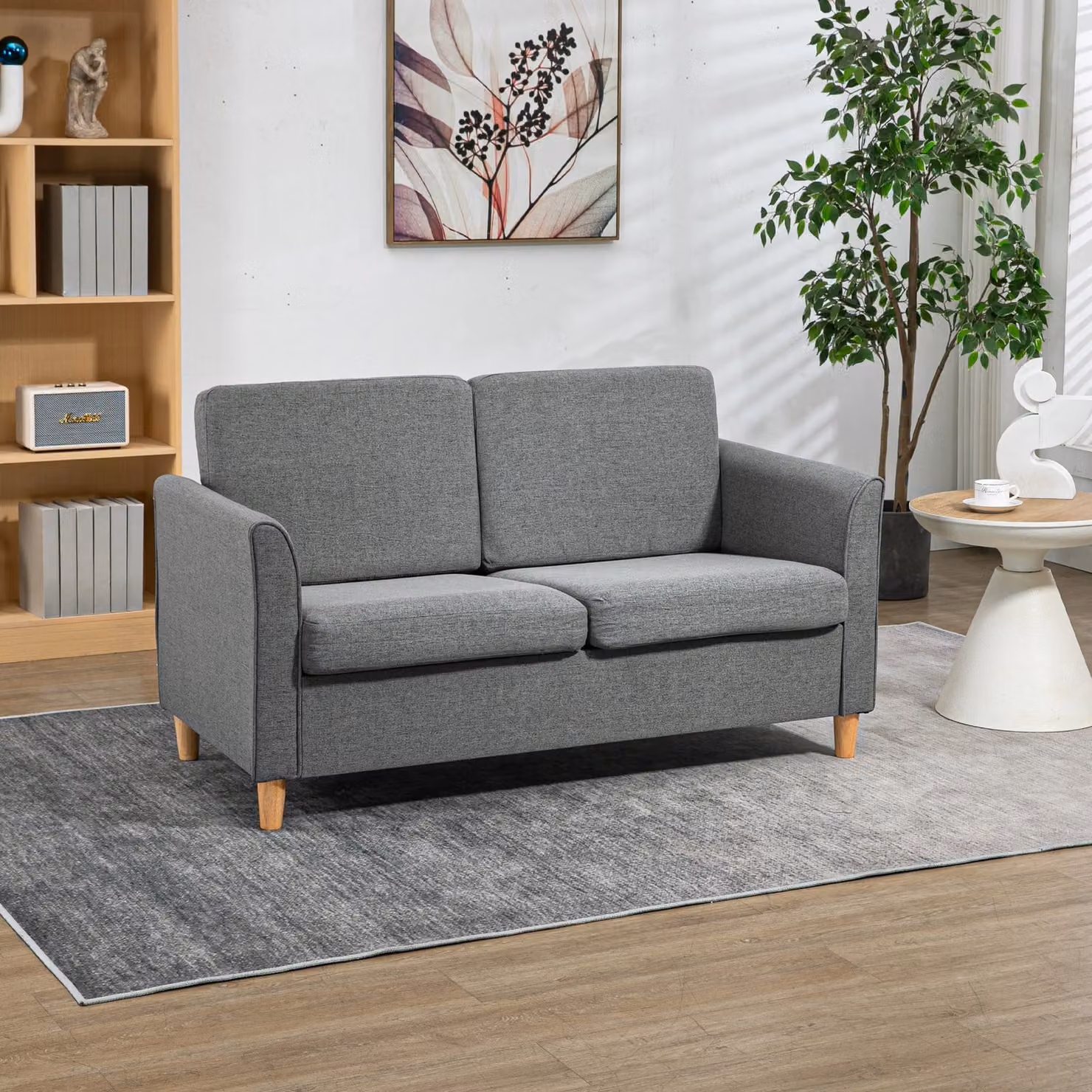HOMCOM Modern Grey 2 Seater Compact Loveseat Sofa with Fabric Upholstery and Wood Legs – 2
