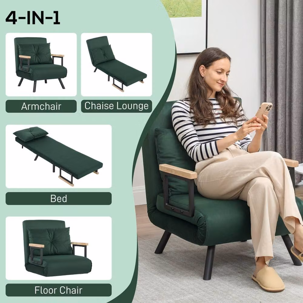 Wyld Haus Zifayo 4-in-1 Green Velvet Convertible Single Chair Bed with Armrests and Metal Frame – 5