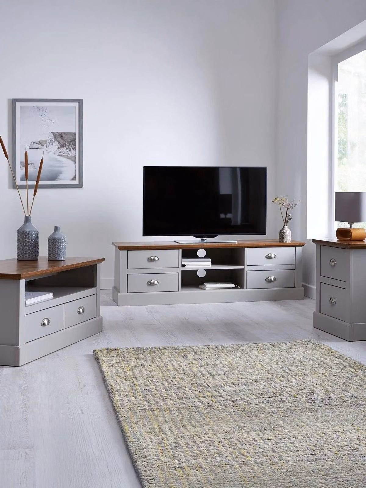 Crawford 3 Piece Living Room Set in Grey/Dark featuring TV Unit, Coffee Table and Lamp Table