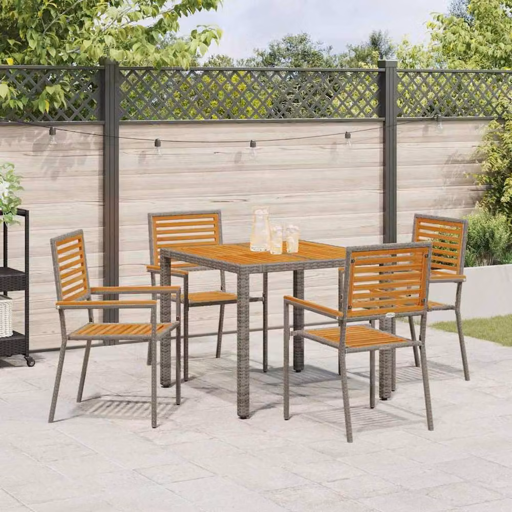 Berkfield Home 5 Piece Grey Poly Rattan and Acacia Wood Garden Dining Set – 3