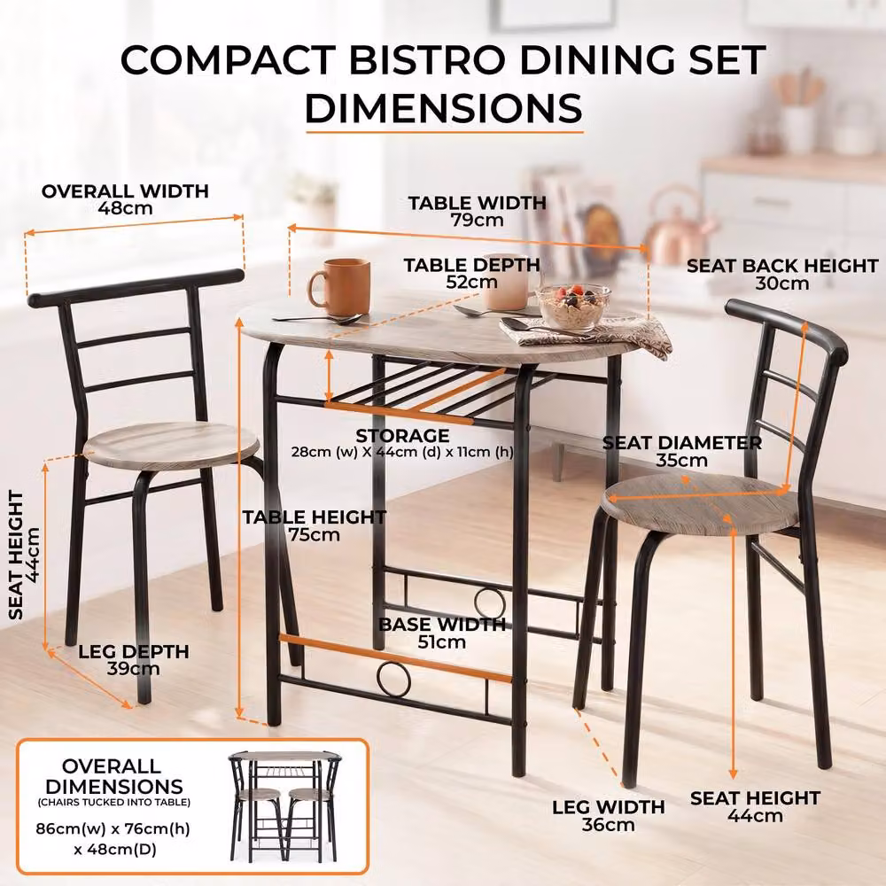 Bravich 3 Piece Oval Bistro Dining Set with Table and 2 Chairs in Grey Oak and Black – 9