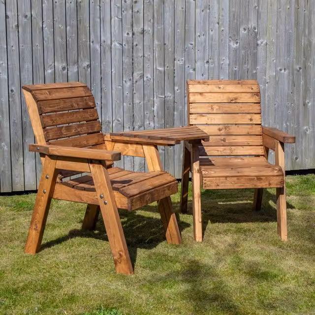 Samuel Alexander Handmade 2 Seater Rustic Pine Love Seat with Tray in Brown Oiled Wood