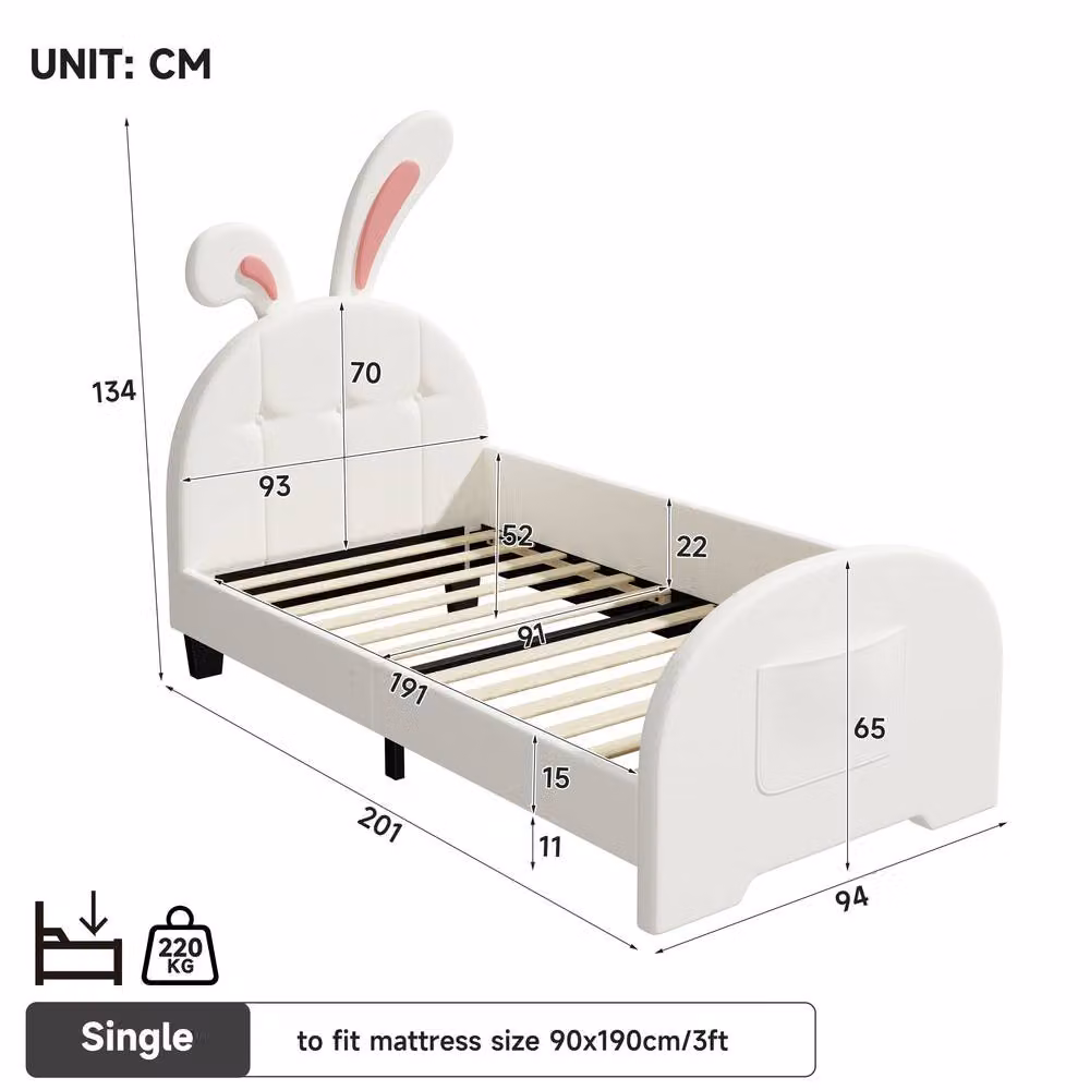Rolipo Rabbit-Shaped Upholstered Double Bed Frame in White PU Leather – 3
