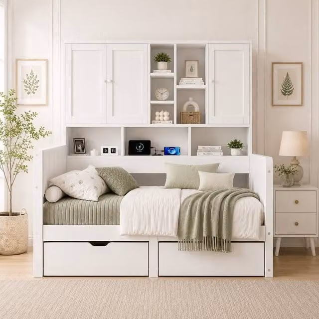 Merax White Single Cabin Storage Bed with Overbed Cabinets and Drawers, W/D/H: 90 x 190 x 114.5 cm – 1
