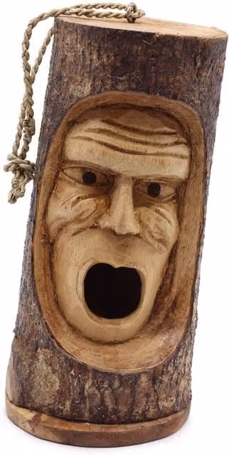 KDMK Hand-Carved Rustic Tree Trunk Bird House with Grumpy Old Man Face in Brown