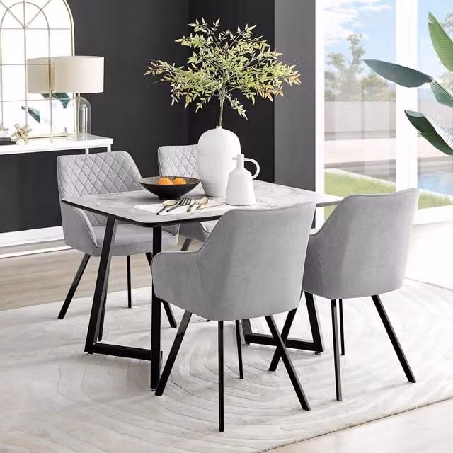 FurnitureboxUK Carson White Marble Effect Dining Table and 4 Falun Black Leg Chairs in Light Grey