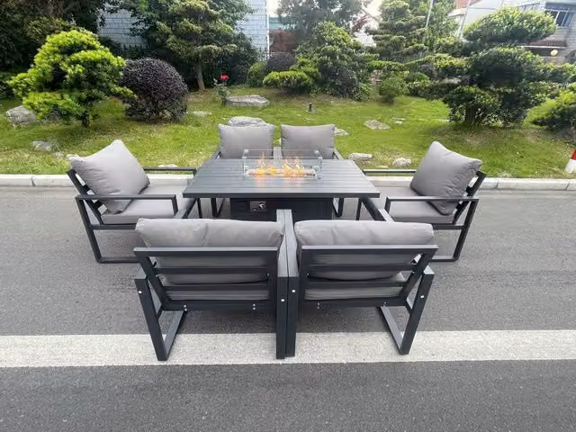 Fimous 6 Seat Garden Furniture Dining Set with Gas Fire Pit Table and Chairs in Dark Grey