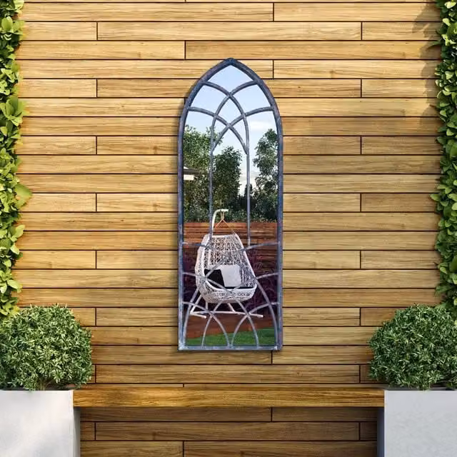 MirrorOutlet Chelsea Metal Arch Shaped Window Garden Mirror in Black, H 121 cm x W 45 cm x D 1 cm
