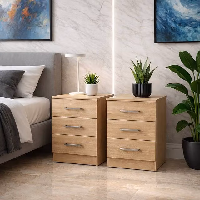 Harmin Pair of Sonoma Oak 3 Drawer Bedside Cabinets in Light Brown