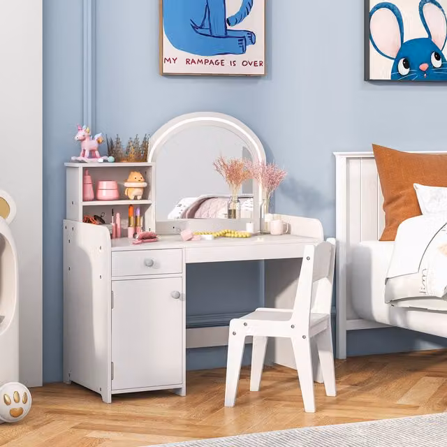 COSTWAY Kids Makeup Vanity Set in White