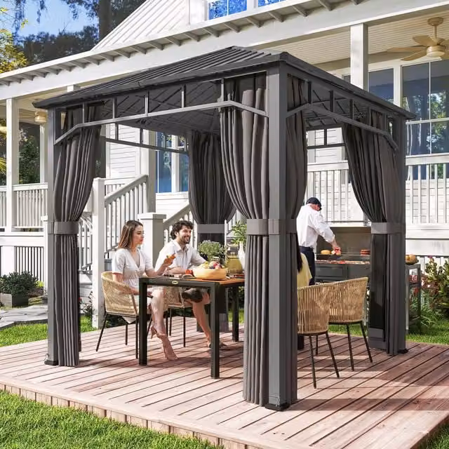 Outsunny Galvanised Steel Hardtop Gazebo with Netting and Curtains in Grey, 250 cm
