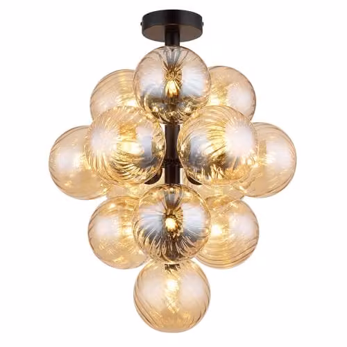Netlighting Conor Globe Ceiling Light with Amber Glass Spheres and Black Metal Finish, 9x G9 Bulbs, Diameter: 39.5 cm