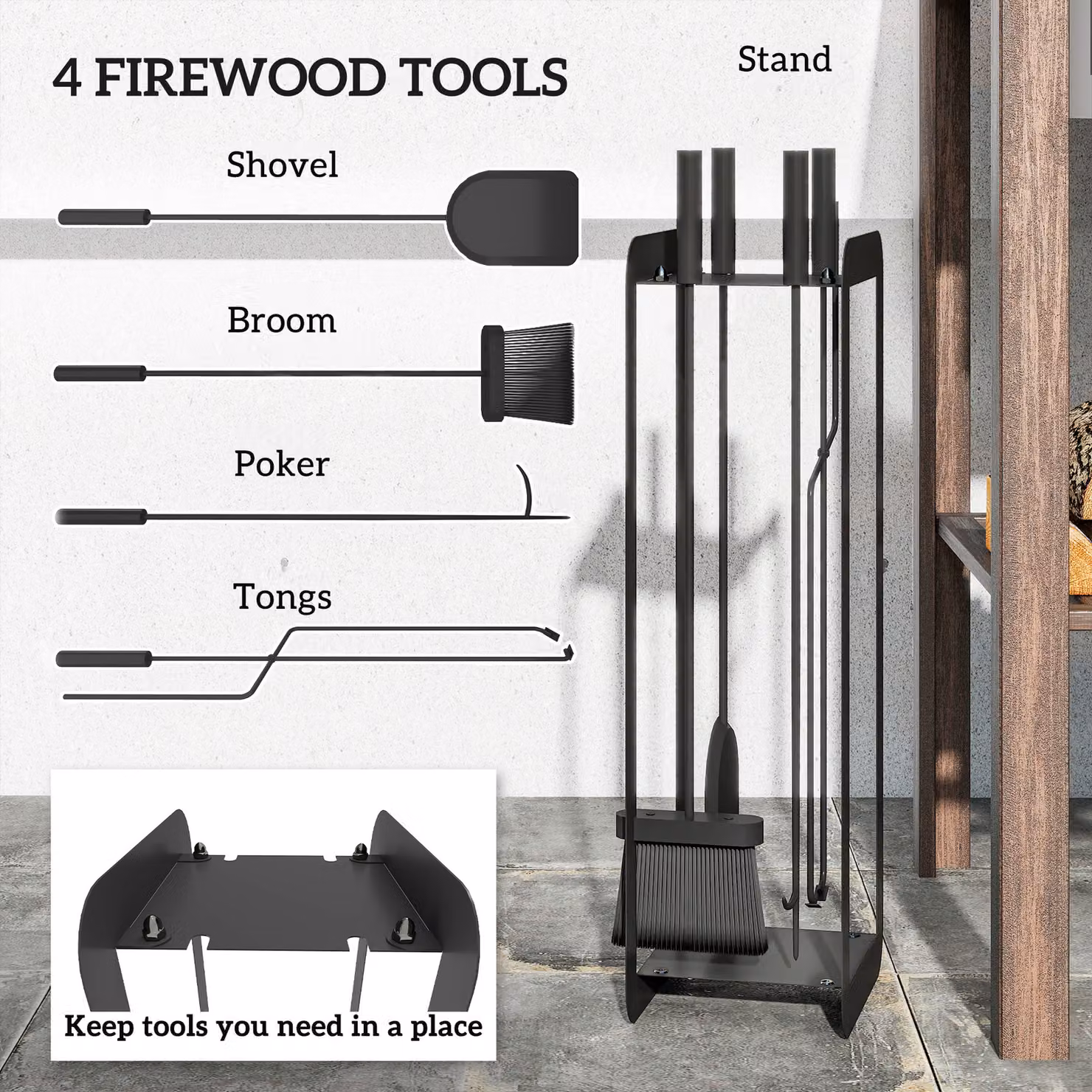 Outsunny 5 Piece Metal Fireplace Companion Set with Brush, Shovel, Poker, Tongs and Stand, Black – 4