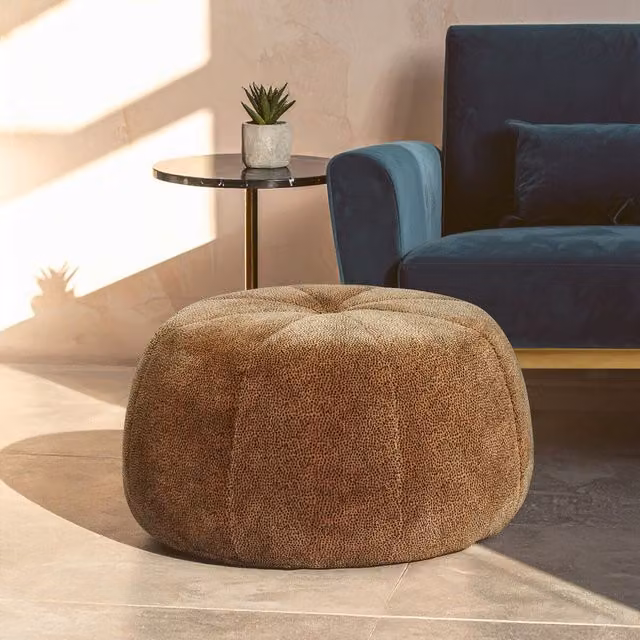 Orsina Leopard Print Velvet Round Pouffe in Brown – 1