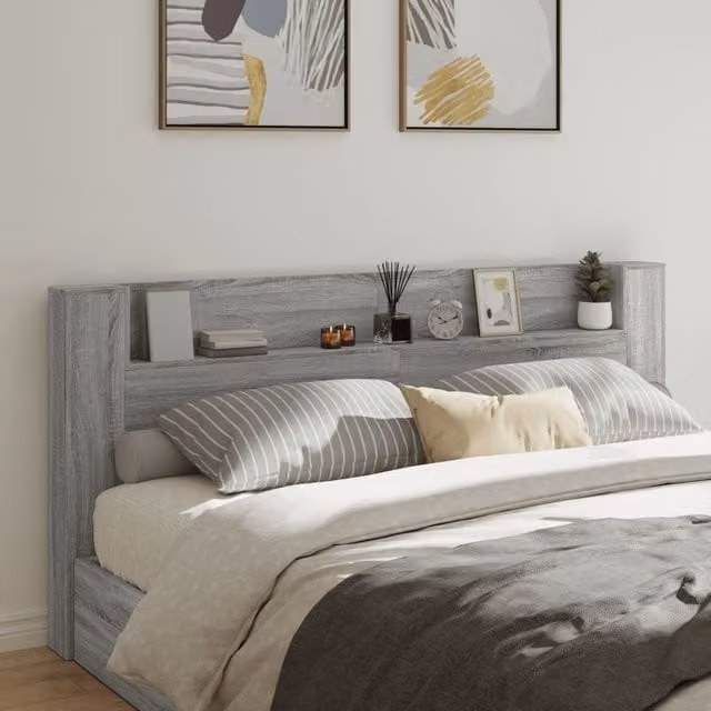 Berkfield Home Modern Wall Mount Headboard Cabinet with LED Lighting and USB Charging Port in Grey Sonoma, W: 220 cm, D: 16.5 cm, H: 103.5 cm – 1