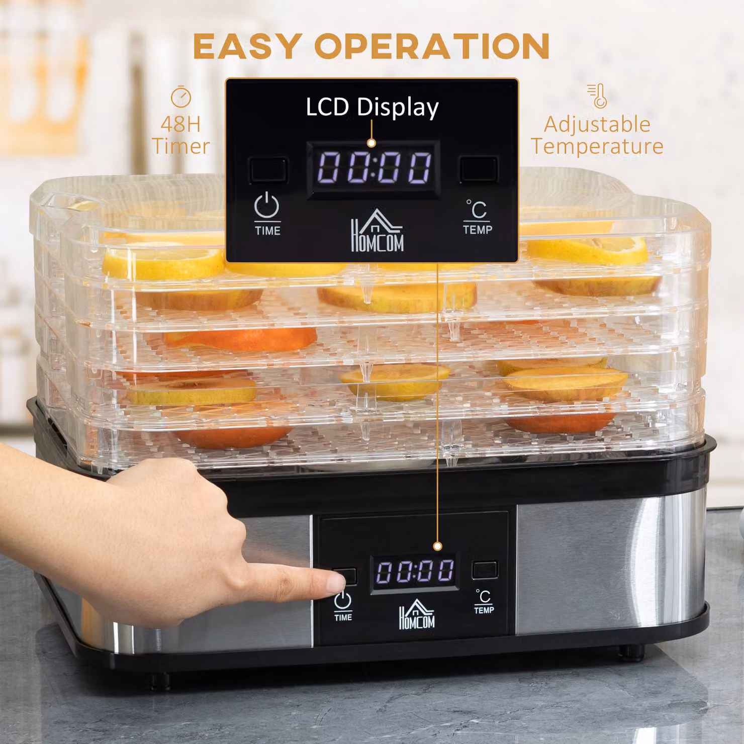 HOMCOM 5 Tier Food Dehydrator, 245W Stainless Steel Food Dryer Machine with Adjustable Temperature, Timer and LCD Display, Silver – 6