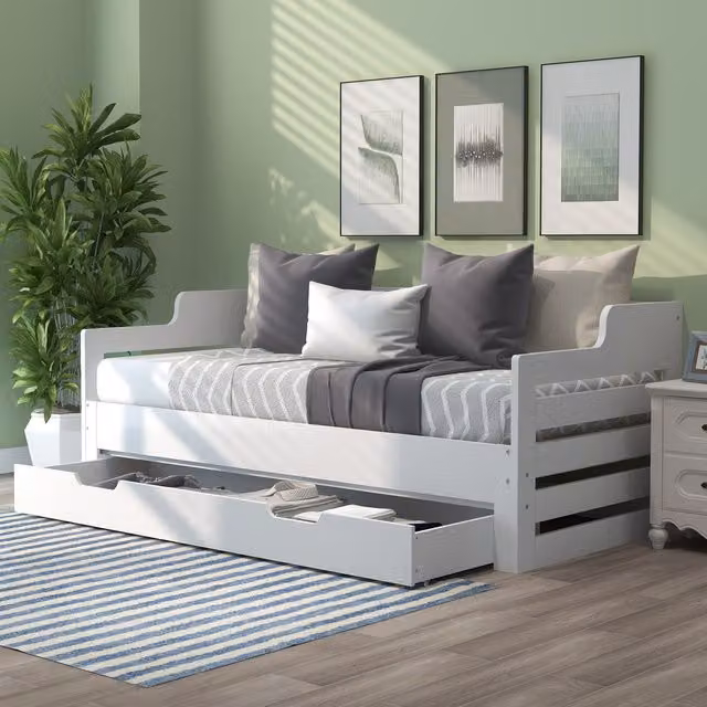 AKA Modern White Solid Pine Single Daybed with Pull-Out Trundle and Storage Drawer