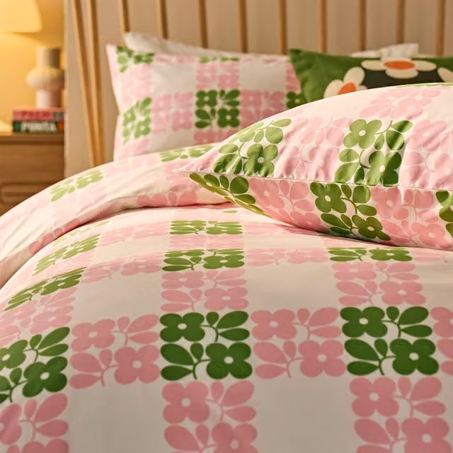 Orla Kiely Floret Check Cotton Housewife Pillowcases, Pair, Dill Pink