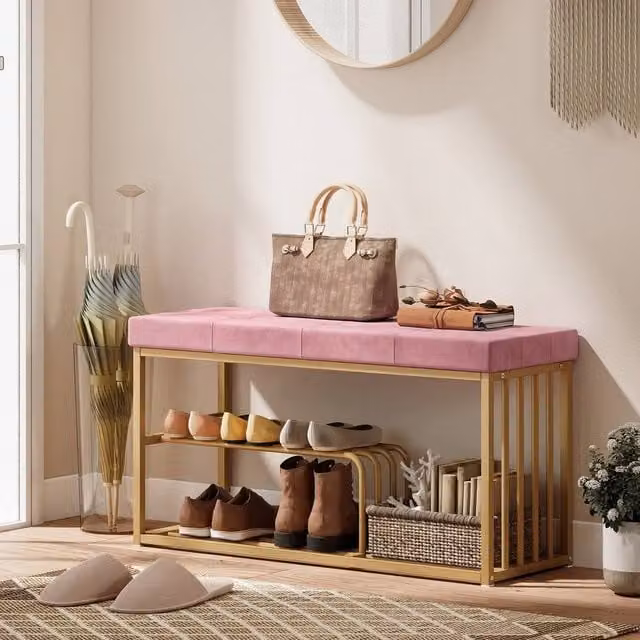 KORVIXA Pink Velvet Tufted Upholstered Shoe Rack Bench W/D/H: 100 x 100 x 53 cm – 1