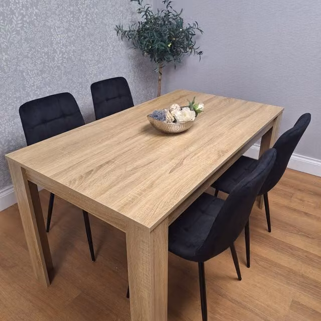 Kosy Koala Modern Oak Effect Dining Table Set with 4 Black Velvet Chairs in Brown