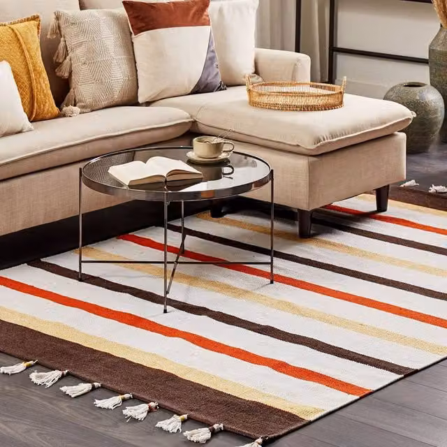 Wyld and Coco Handwoven Cotton Rag Rug in Brown and Beige Stripes, W: 160 cm, L: 230 cm – 1