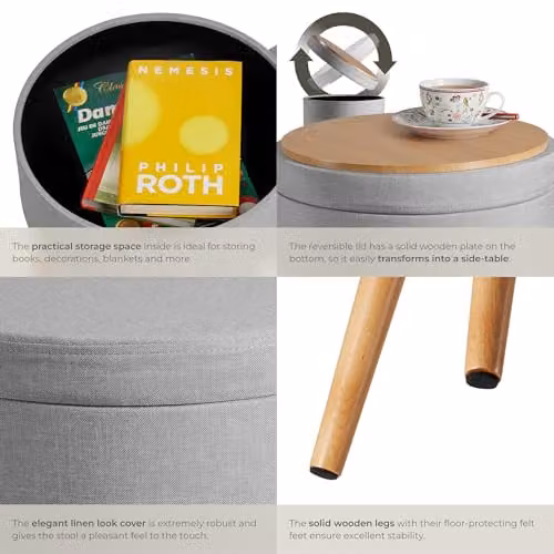 tectake Yara Round Storage Stool in Grey Fabric with Beech Legs, W/D/H: 45.5 x 42.5 x 42.5 cm – 5