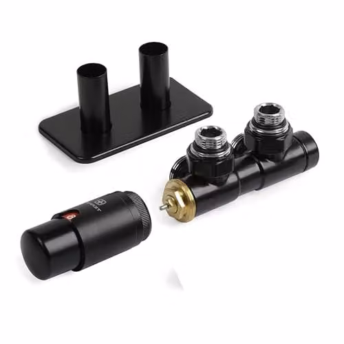 Terma Vario Twins Angled Accessory Valve Set with Thermostat Head and Pipe Masking, 50mm, Matt Black RAL 9005, Left Sided