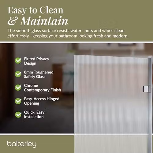 Balterley Fluted Rectangular Bath Shower Screen with Hinged Reversible Door, 8mm Chrome Toughened Safety Glass, W: 83 cm, H: 152 cm – 3