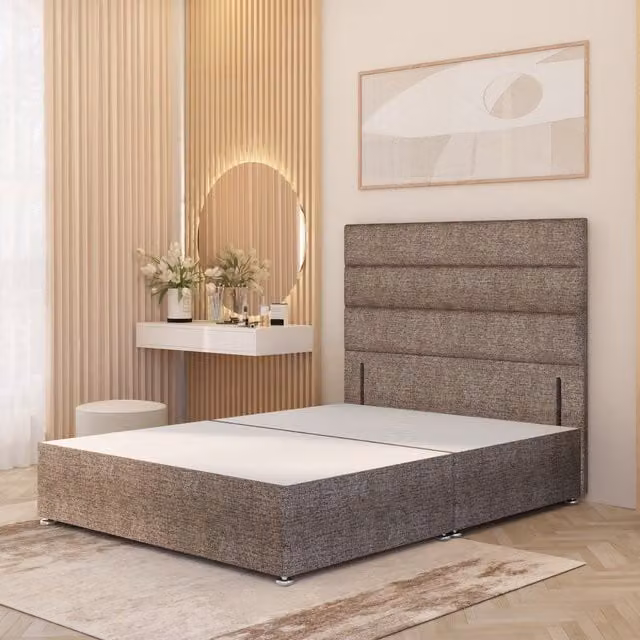 Horizona Modern Upholstered Divan Bed Base with Floor Standing Headboard in Brown Fabric, W/D/H: 90 x 190 x 34.5 cm
