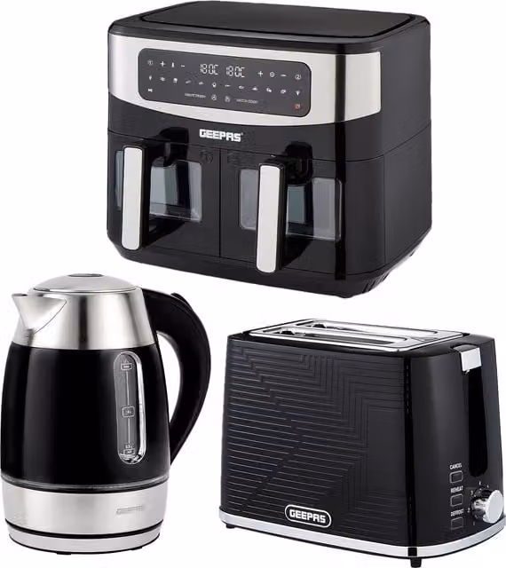 Geepas Kitchen Combo Set in Black: 1.7L Illuminating Electric Kettle, 2 Slice Bread Toaster and 9L Dual Zone Air Fryer