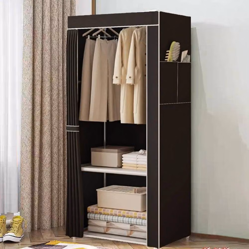 FLAVORA Large Fabric Canvas Wardrobe with Hanging Rail and Internal Shelving in Black – 2