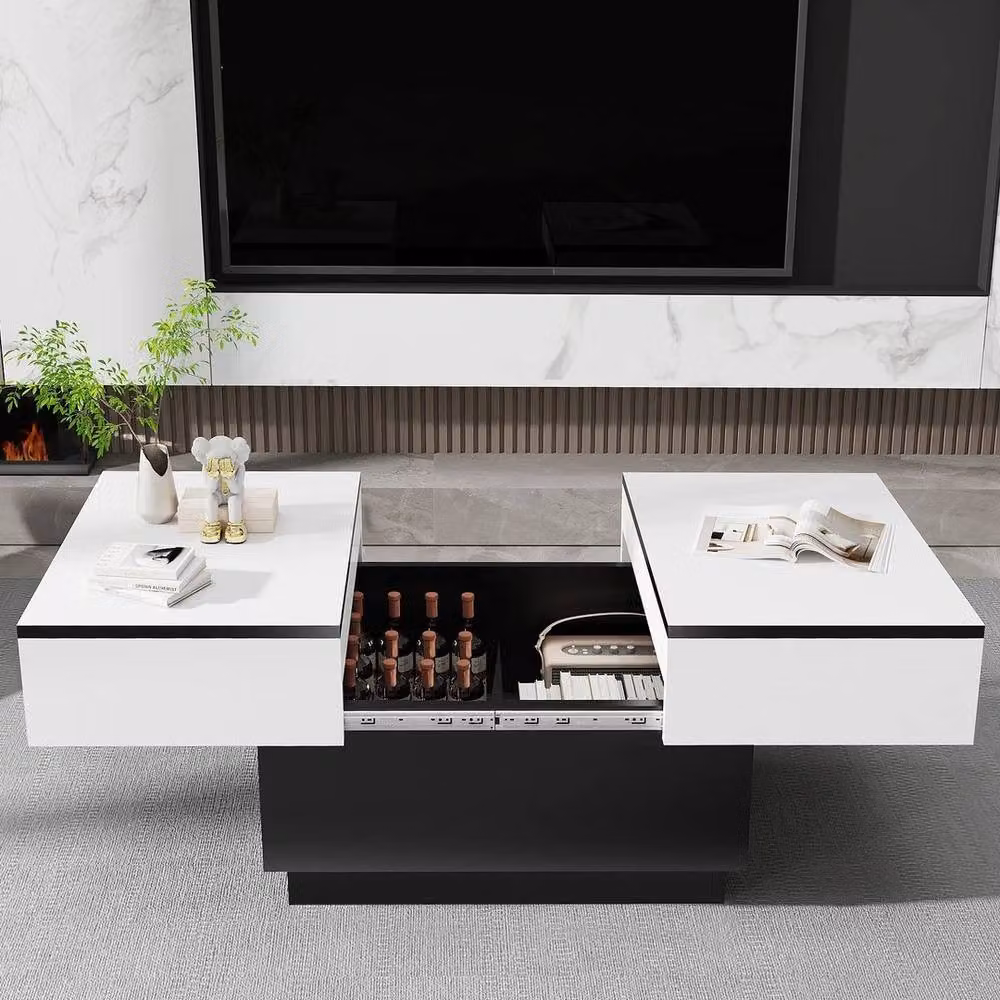 KORVIXA Modern White Glossy Wooden Coffee Table with Sliding Top, LED Lighting and Hidden Storage, W/D/H: 100 x 100 x 100 cm – 3
