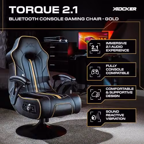 X-Rocker Torque Gaming Chair in Black and Gold with Synthetic Leather and Headrest – 3