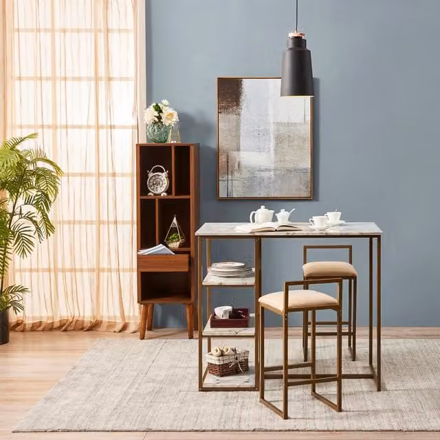 Teamson Home Marmo Breakfast Dining Set with Faux Marble Top and 3 Chairs in White and Brass Finish