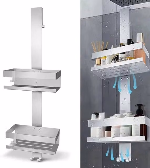 FLAVORA 2-Tier Hanging Over Door Bathroom Shower Caddy Rack in Silver, W: 180 cm, Drop: 180 cm – 1
