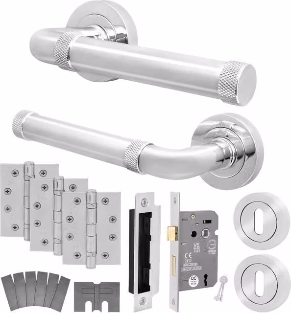 AFIT Polished Chrome Fire Door Handle Key Lock Set with Hinges in Silver