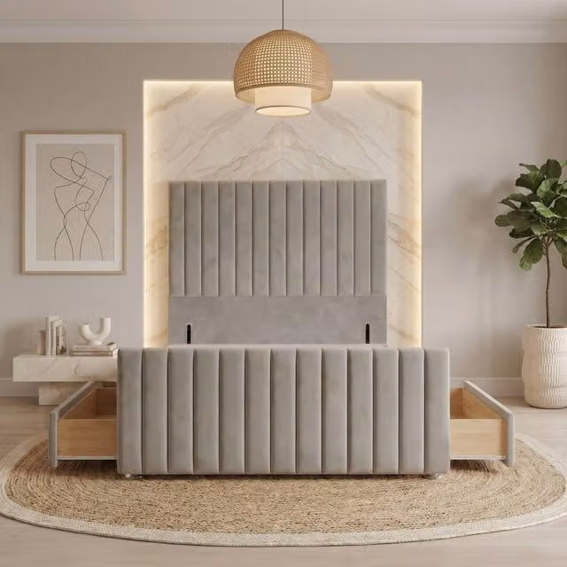 Somnior Eleanor Velvet Divan Base with 4 Drawers, 54 inch Headboard and 22 inch Footboard, Silver/Grey, W/D/H: 200 x 200 cm
